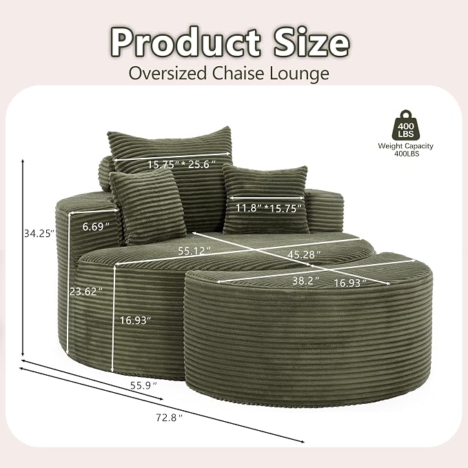 55.11" W Oversized Round Chaise Lounge Chair, Deep Seat Corduroy Cloud - Image 2