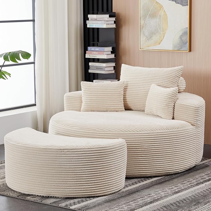 55.11" W Oversized Round Chaise Lounge Chair, Deep Seat Corduroy Cloud by HomePage