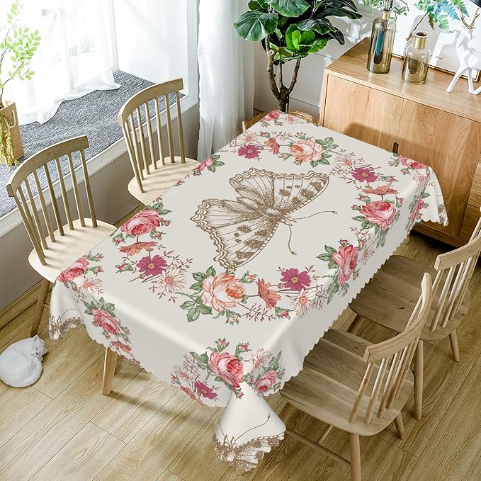 60x84inches Floral Rectangle Tablecloth Red Rose Flower Butterfly Printed - Image 5