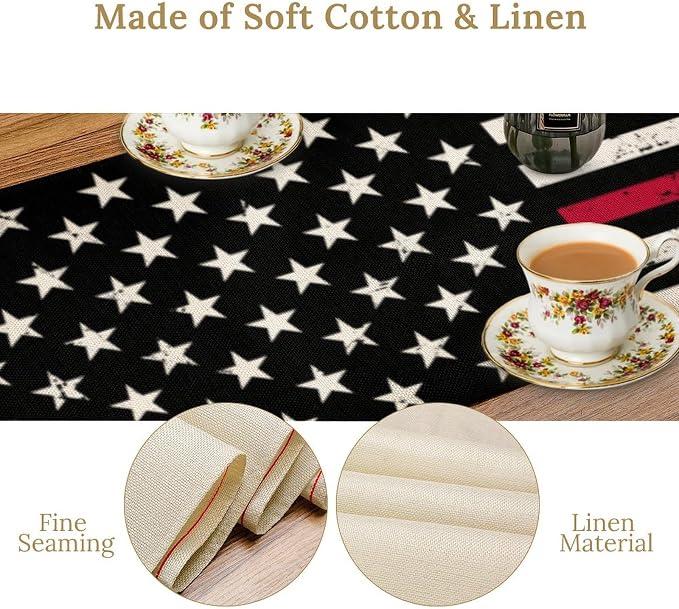 Red Line Black Table Runner July 4th Rustic American Firefighter USA Flag - Image 5