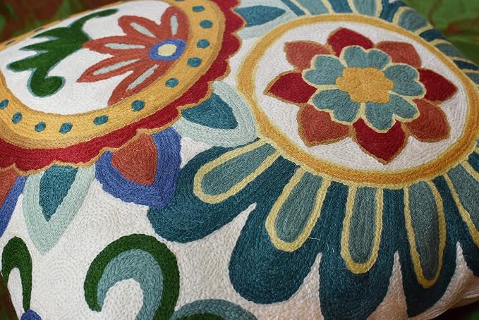 Daisy Floral Pillow Cover Teal Flower Pillowcase Flowery Outdoor Cushion Suzani - Image 5