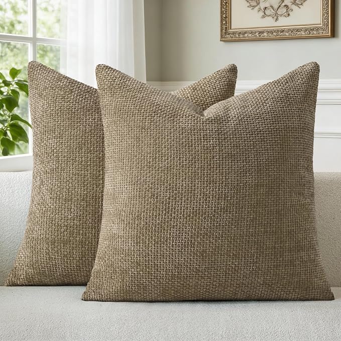 a moment Brown Chenille Throw Pillow Covers 18x18 Inch Pack of 2 Modern by amoment