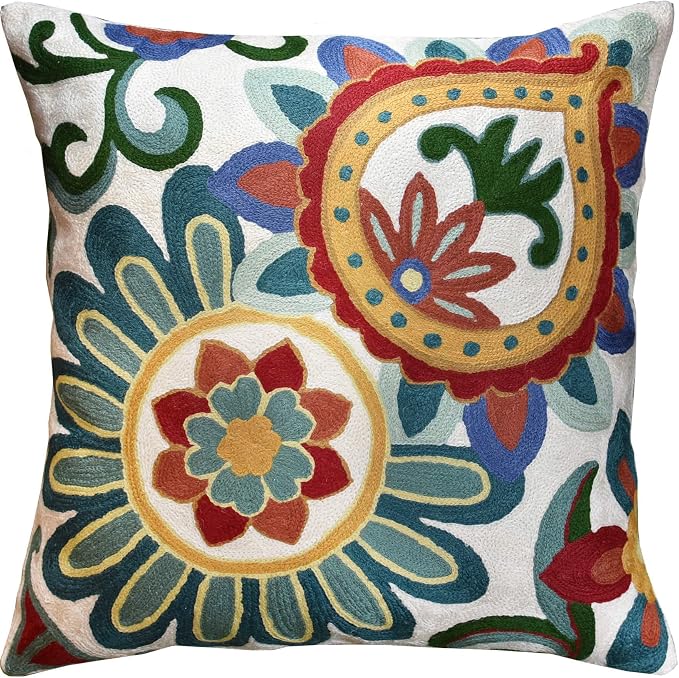 Daisy Floral Pillow Cover Teal Flower Pillowcase Flowery Outdoor Cushion Suzani by Kashmir+Designs