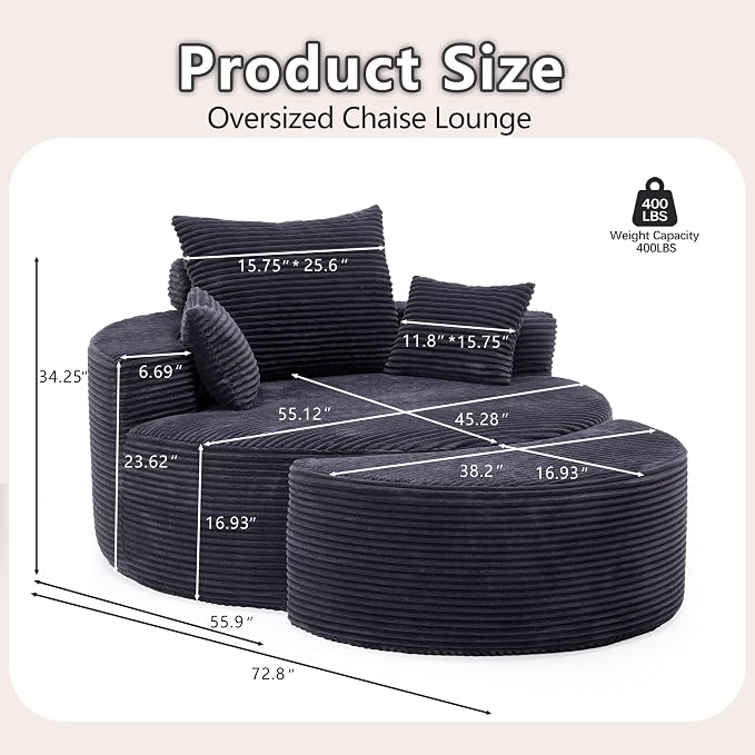 55.11" W Oversized Round Chaise Lounge Chair, Deep Seat Corduroy Cloud - Image 2