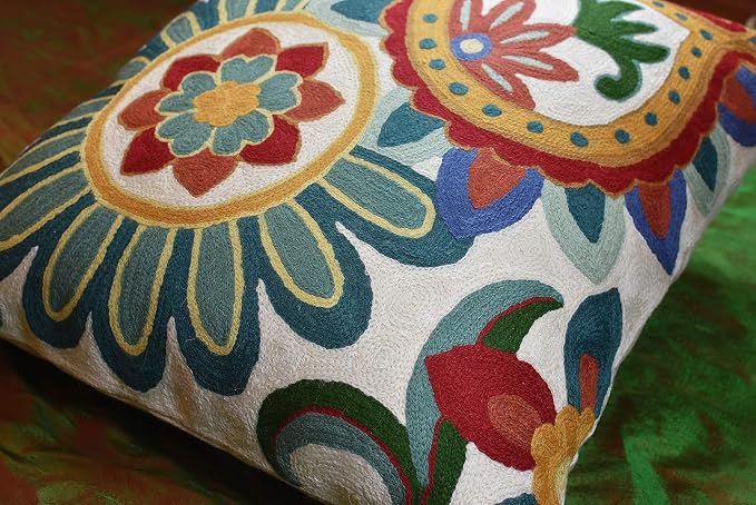 Daisy Floral Pillow Cover Teal Flower Pillowcase Flowery Outdoor Cushion Suzani - Image 4