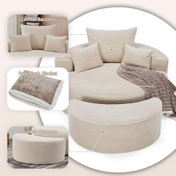 55.11" W Oversized Round Chaise Lounge Chair, Deep Seat Corduroy Cloud - Image 4