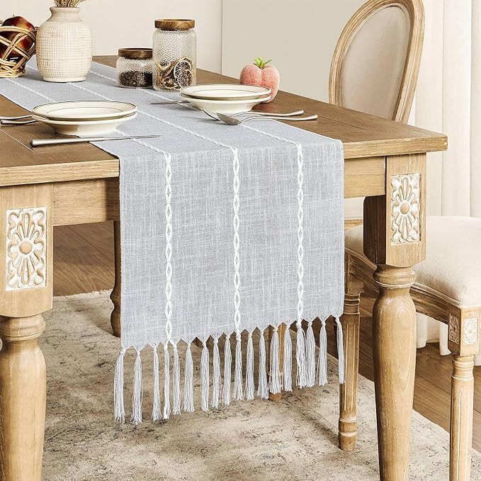 ZeeMart Farmhouse Braided Striped Table Runner, Rustic Grey Table Runners 36 - Image 2