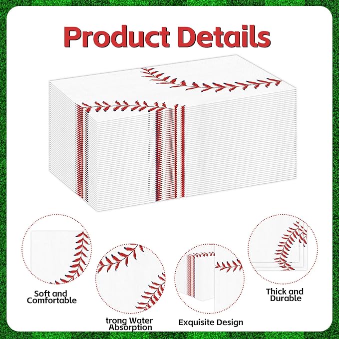 100 PCS Baseball Paper Napkins, Disposable Baseball Bathroom Guest Hand Towels - Image 3