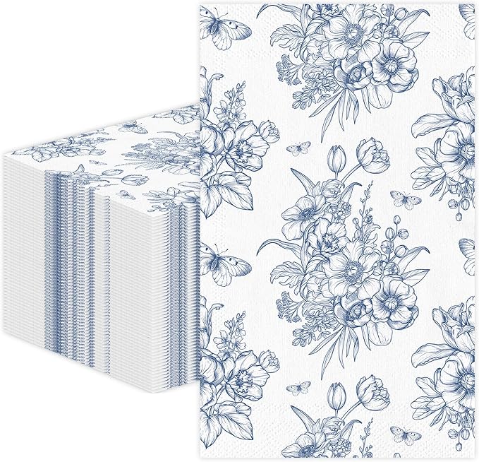 100 PCS Blue Floral Paper Napkins, Disposable Blue & White Flowers Bathroom by Unknown