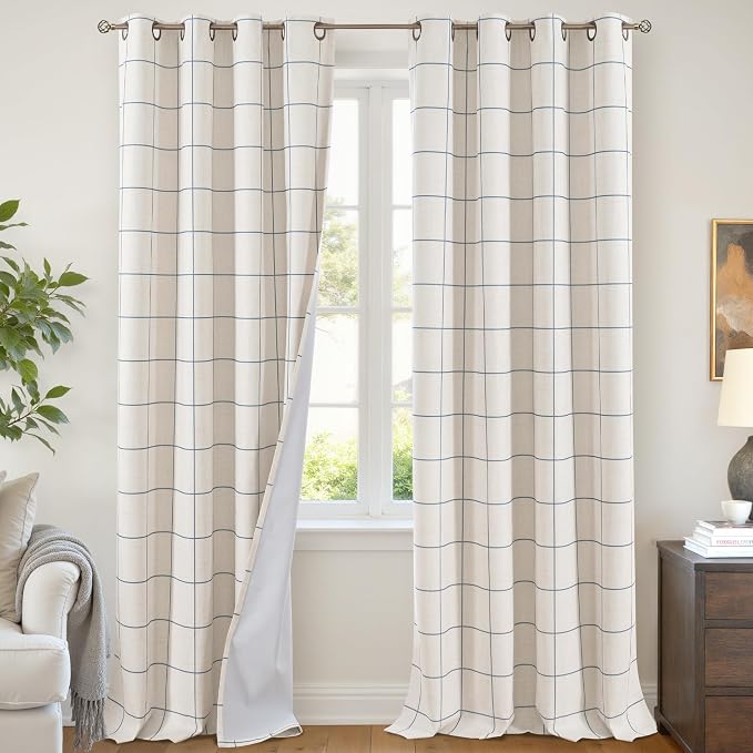 Navy Blue Plaid Patterned Curtains Thermal Insulated by Lajode