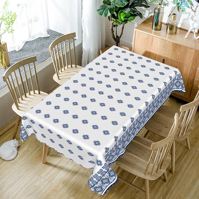 70x140inches Blue Medallion Print Tablecloth Mykonos Blue Mediterranean Tile - Image 5