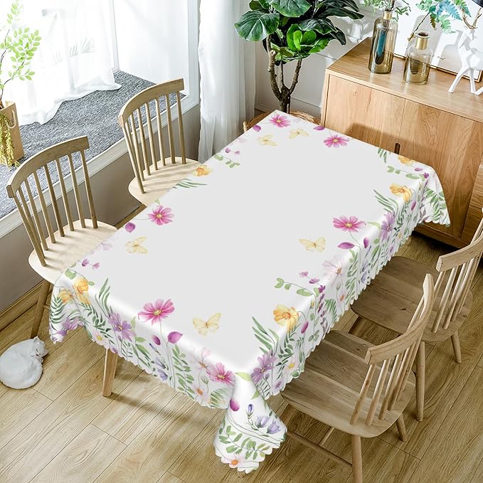 60x102inches Floral Rectangle Tablecloth Pink Wild Flowers Butterfly Botanical - Image 5