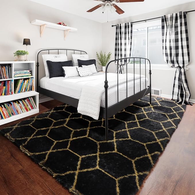 ONASAR Area Rugs for Bedroom Living Room, Washable 4x6 Fluffy Black and Gold - Image 4