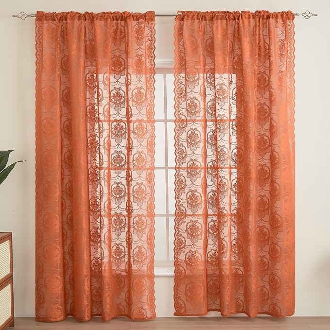 Burnt Orange Lace French Delicacy Curtains 96 Inches Long -Rod Pocket Luxury - Image 4