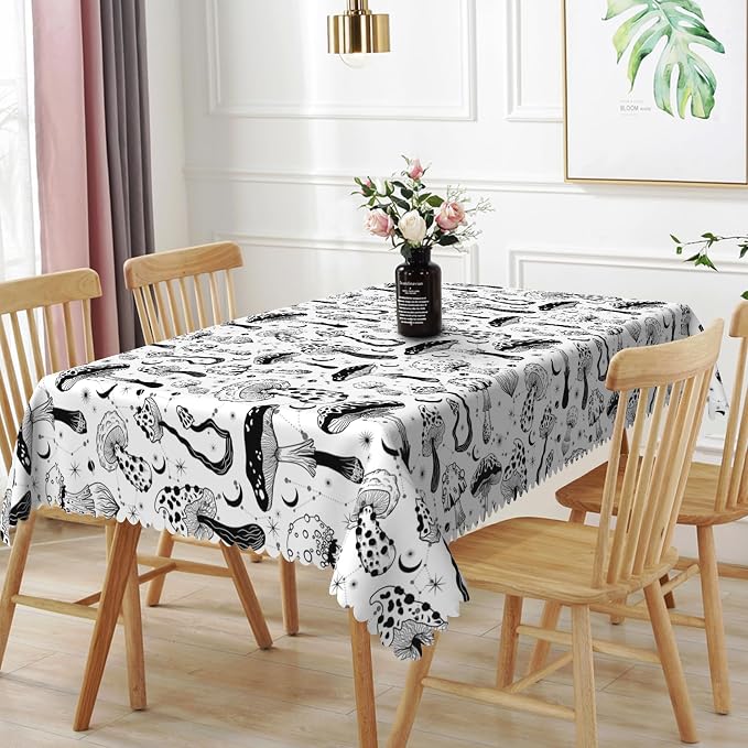 54x78inches Mushroom Tablecloth Retro 70s 60s Hippie Black and White Mushroom by TTQYFNM