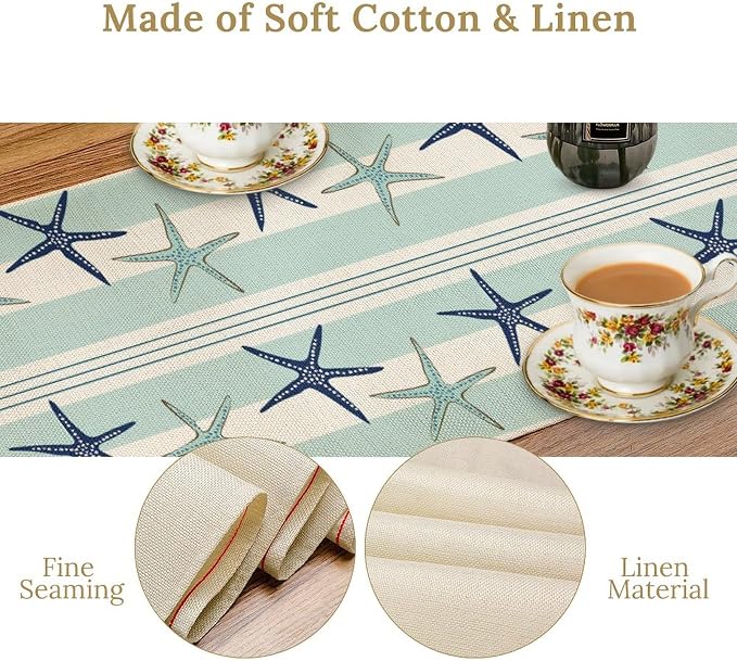 Blue Nautical Starfish Table Runner, Coastal Stripe Dark Blue Table Runner - Image 5