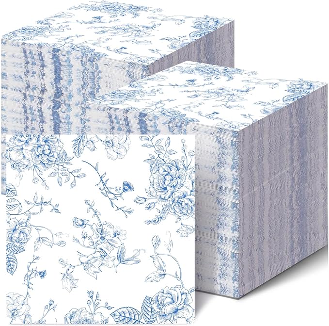 100 Pack Blue Floral Cocktail Napkins Blue and White Floral Toile Paper Napkins by HSPAIDYP