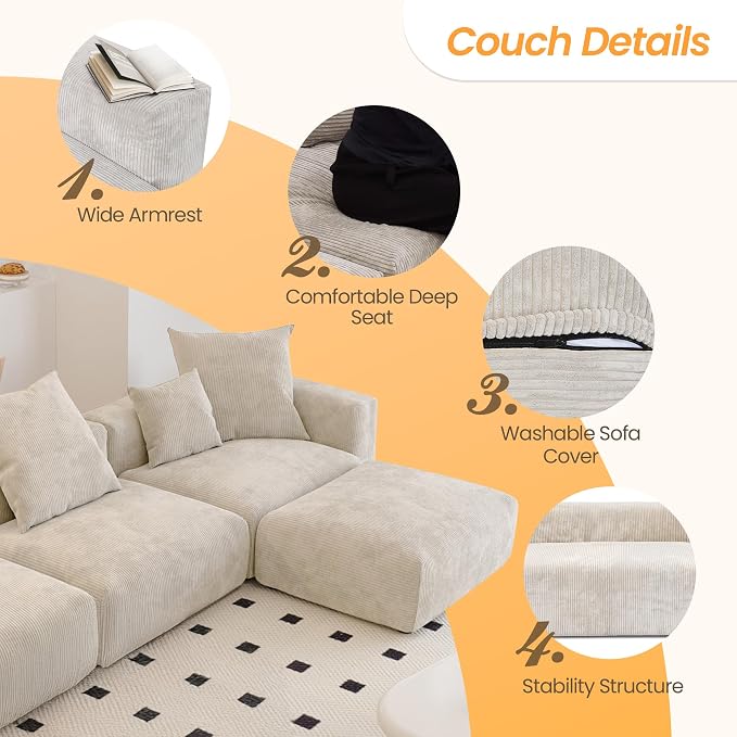 JACH Sectional Couch with 5 Pillows, Luxurious Modular Sectional Couch with - Image 3