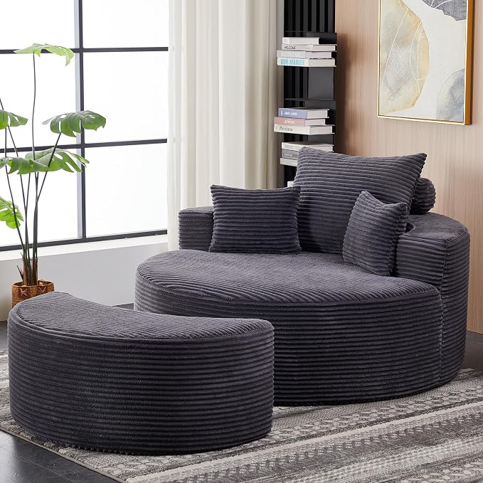 55.11" W Oversized Round Chaise Lounge Chair, Deep Seat Corduroy Cloud by HomePage
