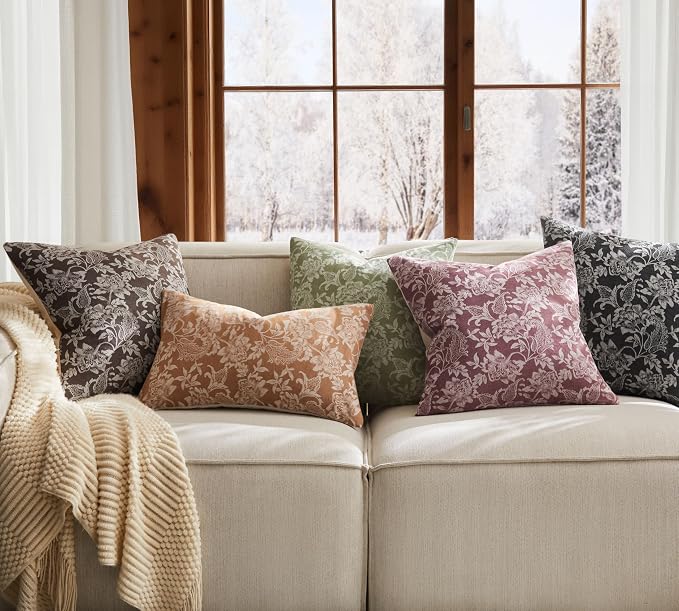 Floral Jacquard Throw Pillow Covers Set of 2, Background/Green 22x22 Inch - Image 7