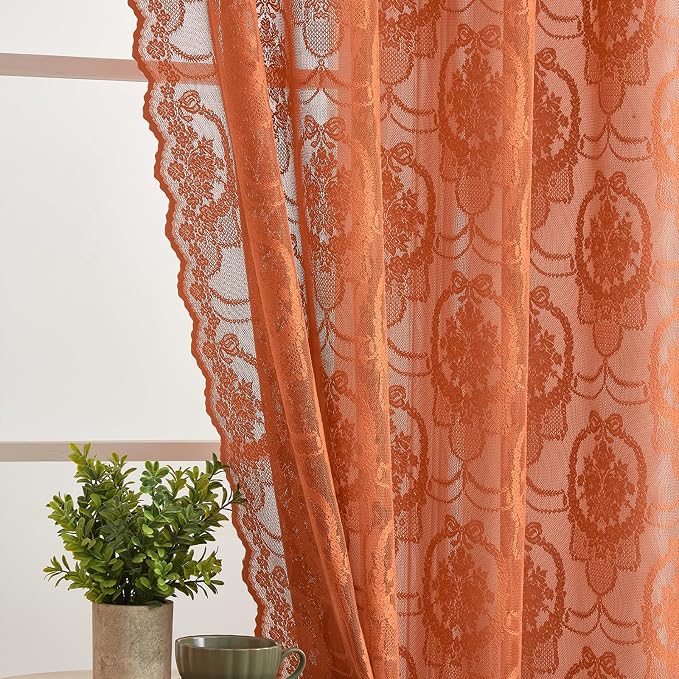Burnt Orange Lace French Delicacy Curtains 96 Inches Long -Rod Pocket Luxury - Image 2