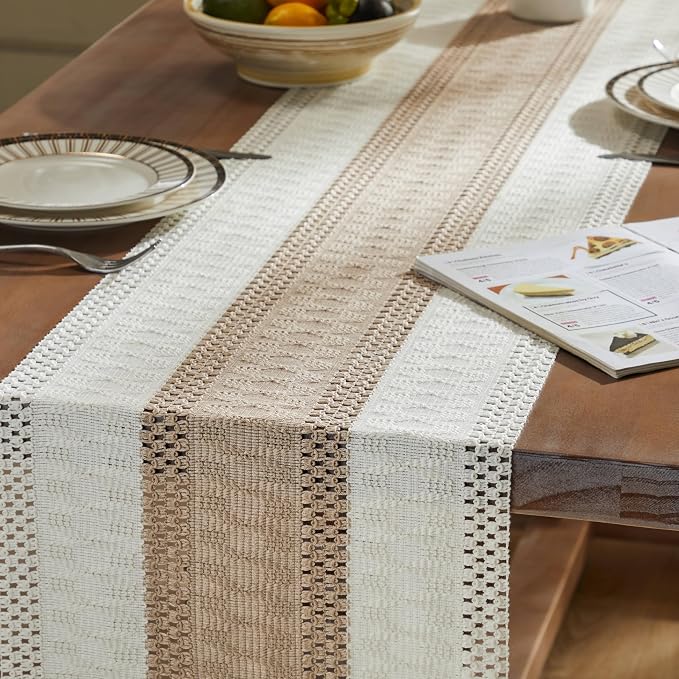 ZeeMart Macrame Style Bicolor Stitching Table Runner, 14 x 108 Inch Taupe/Ivory - Image 5