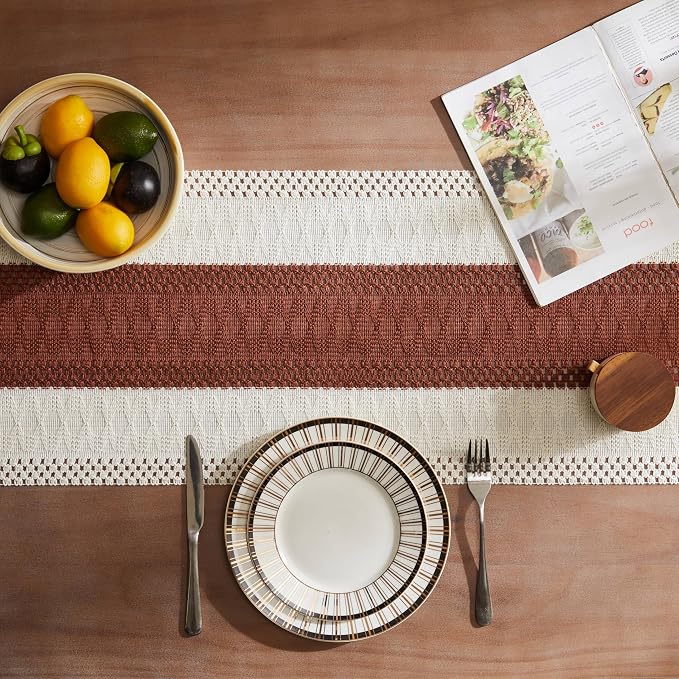 ZeeMart Macrame Style Bicolor Stitching Table Runner, 14 x 90 Inch - Image 4