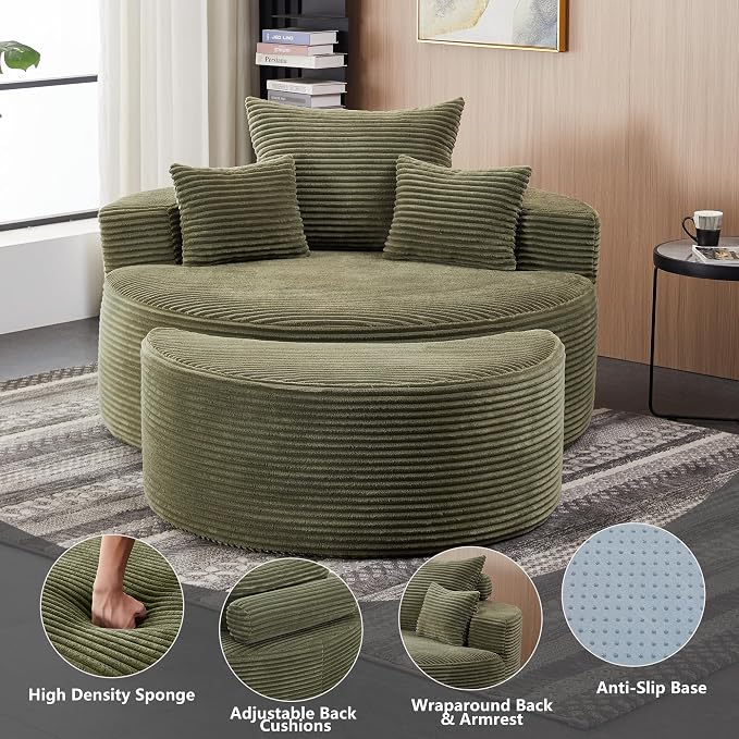 55.11" W Oversized Round Chaise Lounge Chair, Deep Seat Corduroy Cloud - Image 3