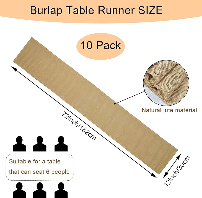 10 Pack Natural Burlap Table Runners, 12 x 72 Inch Rustic Jute Table Runner and - Image 2