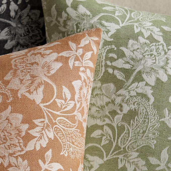 Floral Jacquard Throw Pillow Covers Set of 2, Background/Green 24x24 Inch - Image 3