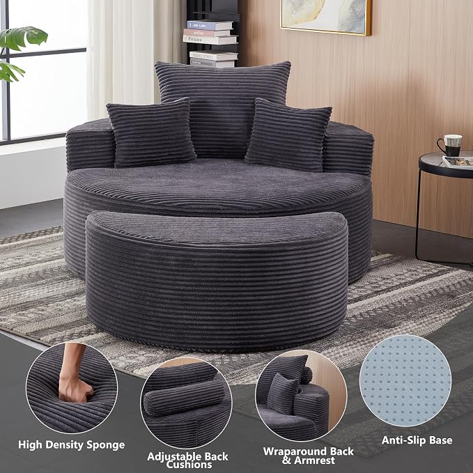 55.11" W Oversized Round Chaise Lounge Chair, Deep Seat Corduroy Cloud - Image 3