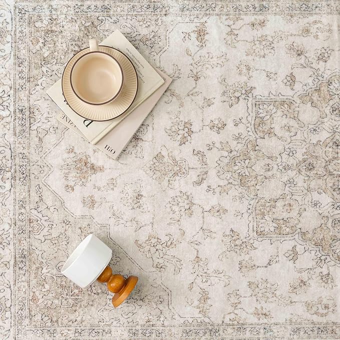 Beige Area Rug 4x6 Washable Vintage Carpet - Image 7