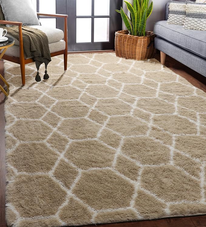 ONASAR Area Rugs for Bedroom Living Room, Washable 4x6 Fluffy Beige and White - Image 4