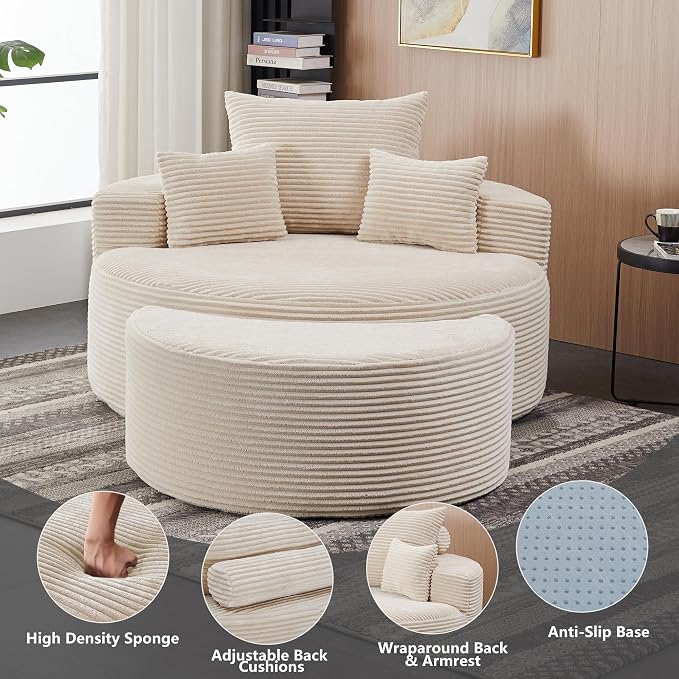55.11" W Oversized Round Chaise Lounge Chair, Deep Seat Corduroy Cloud - Image 3