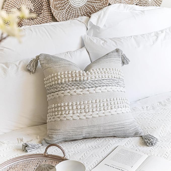 BlissBlush Gray Decorative Throw Pillow Cover 20X20, Boho Accent Pillow - Image 3