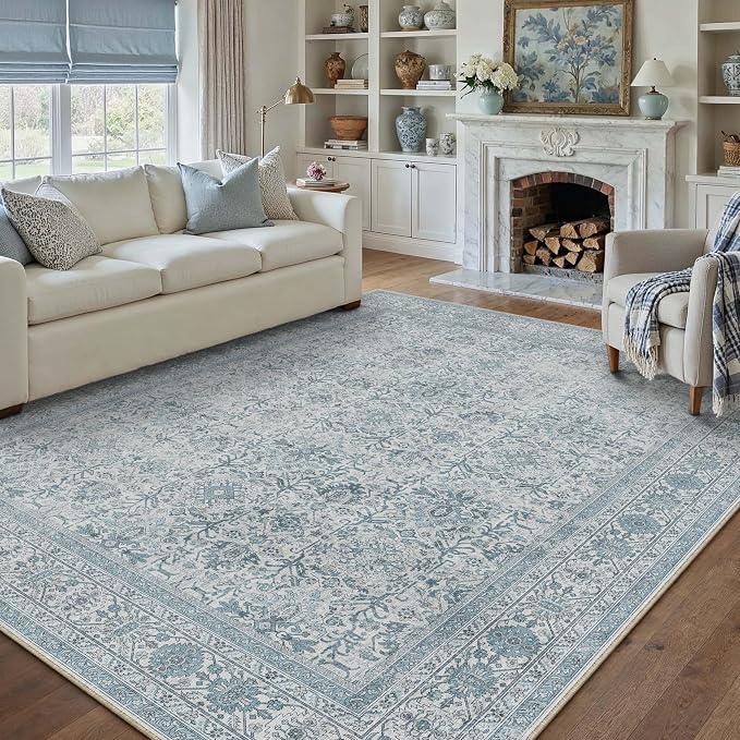 Area Rug 9x12 Blue Washable Living Room Carpet Soft Non Slip Vintage Bedroom by PureCozy
