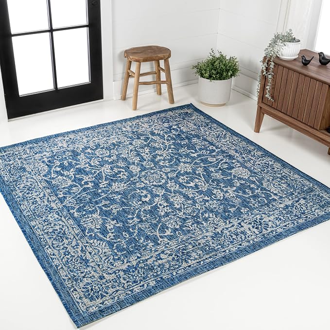 JONATHAN Y Weave Floral Indoor Outdoor Square Area Rug 6X6 Navy/Gray, Tela - Image 3